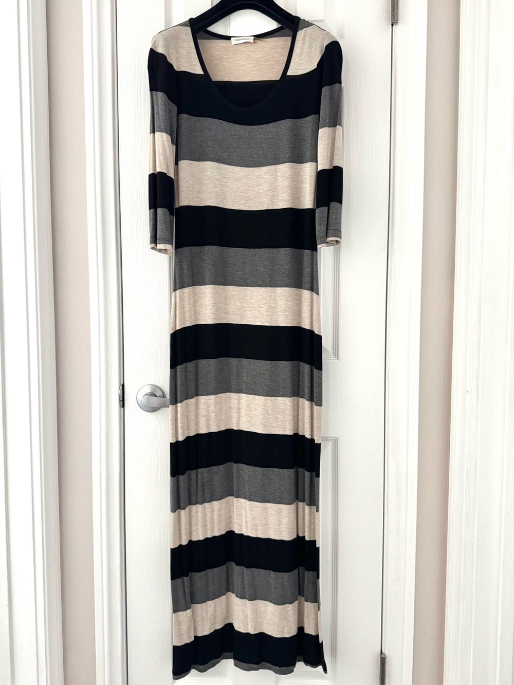Calvin Klein Striped Scoop Neck Maxi Dress in Black, Gray & Cream